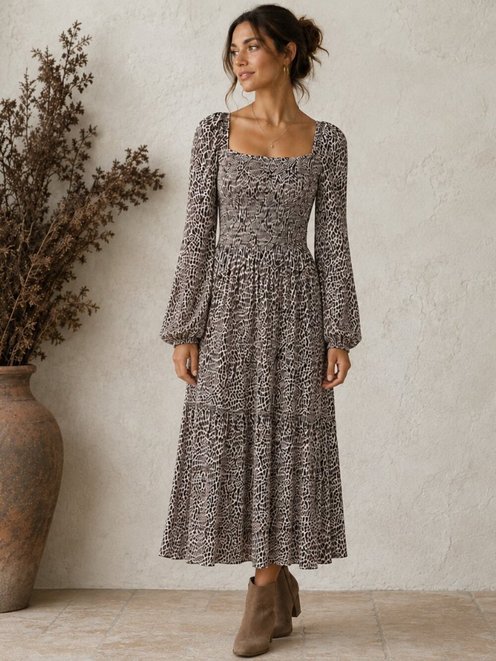 Anthropologie Dolan Milkmaid Midi Dress Womens Size M Brown Leopard Smocked NWT